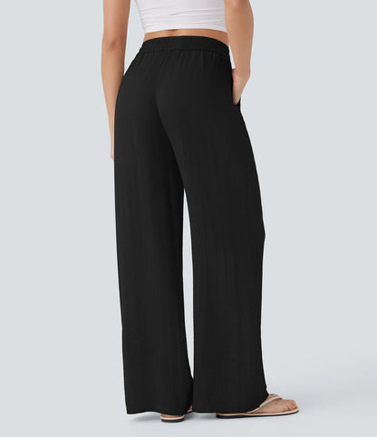 High Waisted Wide Leg Linen-Feel Drawstring Pants with Pockets