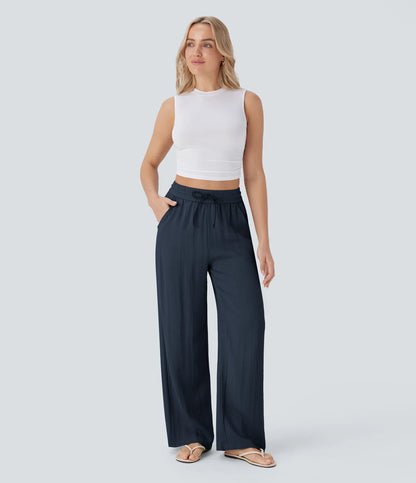 High Waisted Wide Leg Linen-Feel Drawstring Pants with Pockets