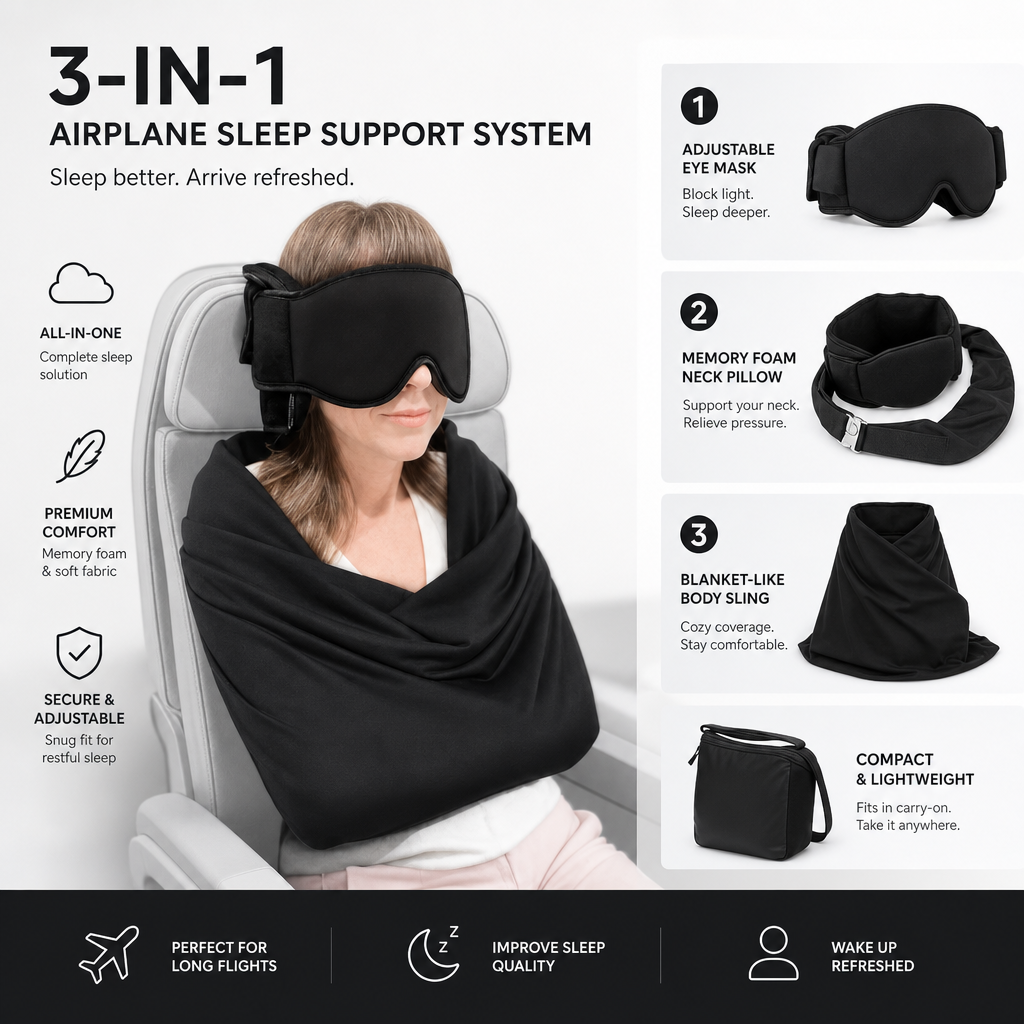3-in-1 Airplane Sleep Support System – Memory Foam Travel Pillow & Body Sling