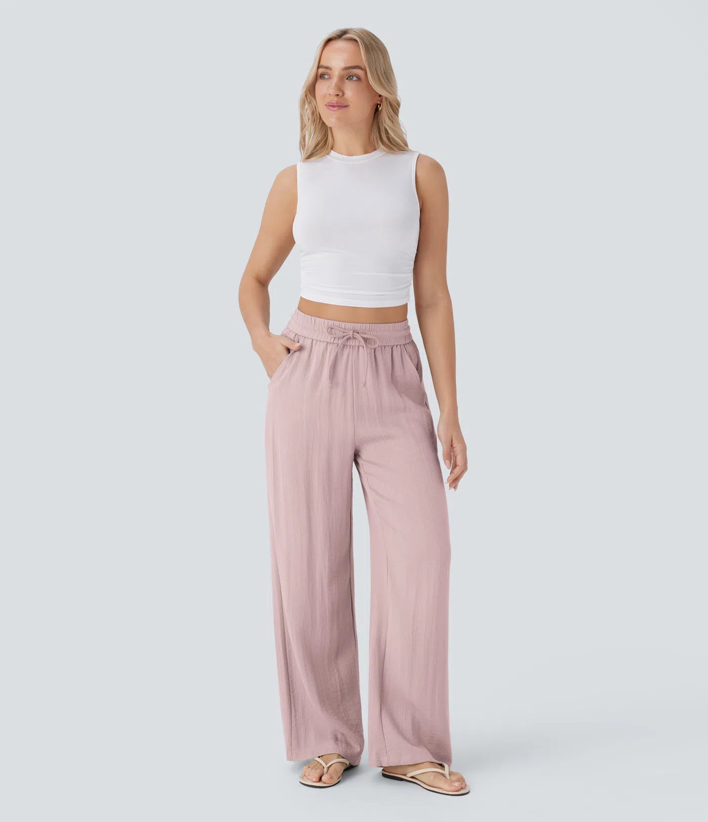 High Waisted Wide Leg Linen-Feel Drawstring Pants with Pockets