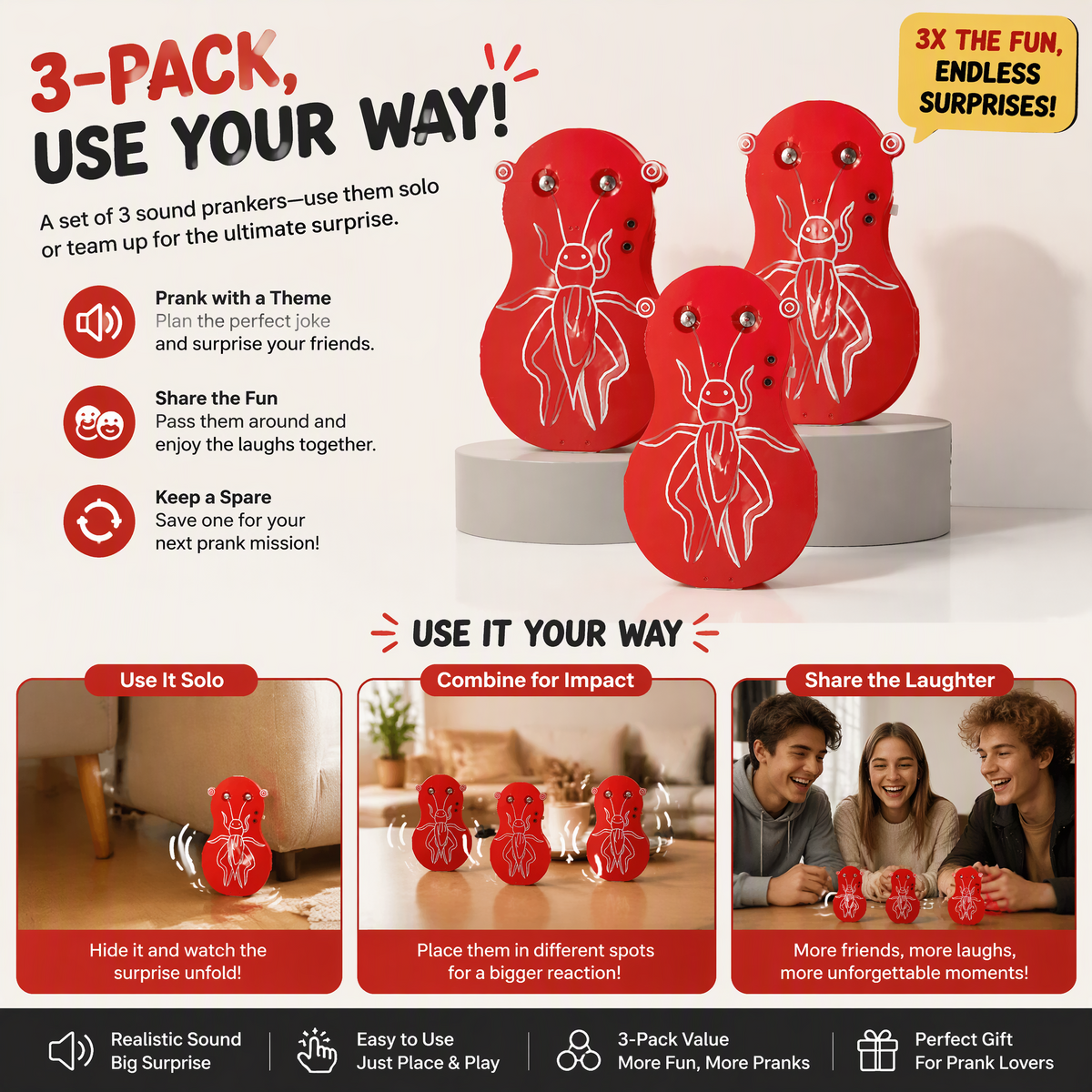 3-Pack Hidden Prank Noise Makers with Random Chirps