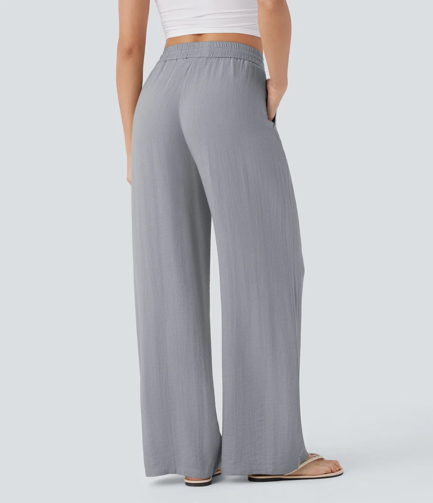 High Waisted Wide Leg Linen-Feel Drawstring Pants with Pockets