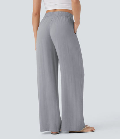 High Waisted Wide Leg Linen-Feel Drawstring Pants with Pockets