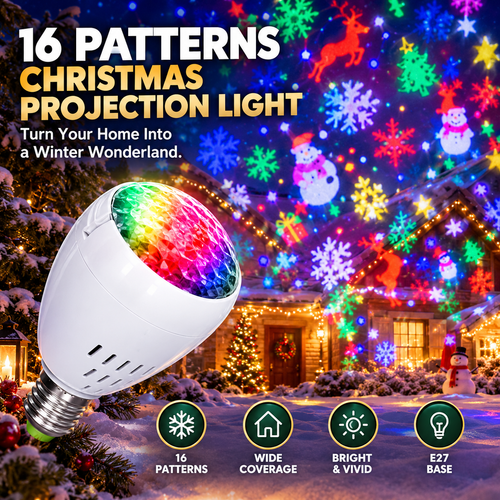 E27 Christmas Snowflake Projection Bulb – 16-Pattern Storm Projector Light