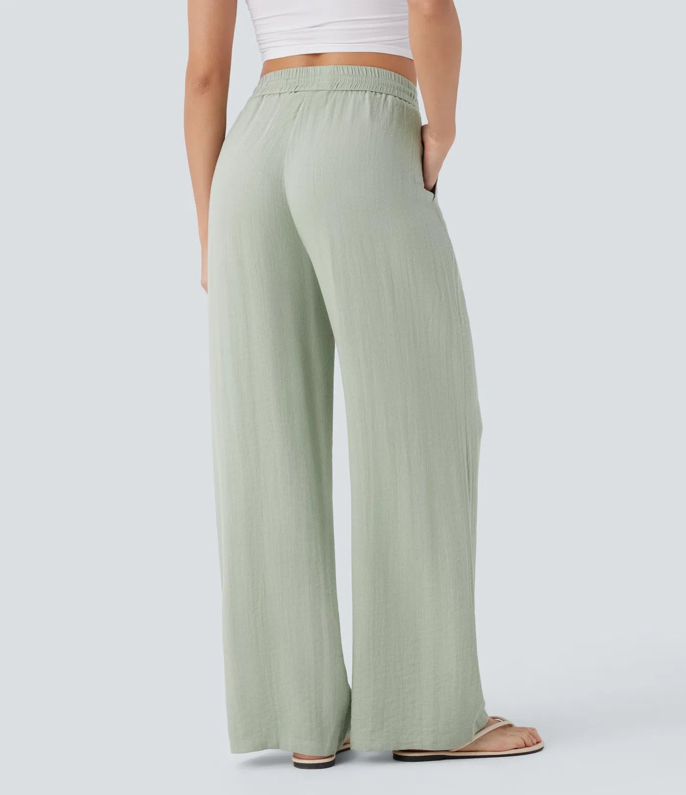 High Waisted Wide Leg Linen-Feel Drawstring Pants with Pockets