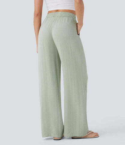 High Waisted Wide Leg Linen-Feel Drawstring Pants with Pockets