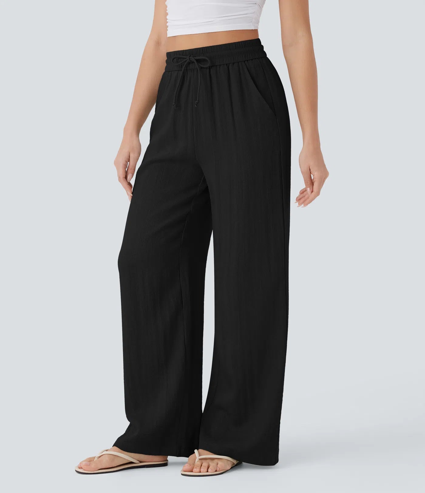High Waisted Wide Leg Linen-Feel Drawstring Pants with Pockets