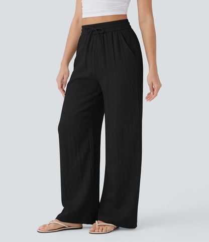 High Waisted Wide Leg Linen-Feel Drawstring Pants with Pockets
