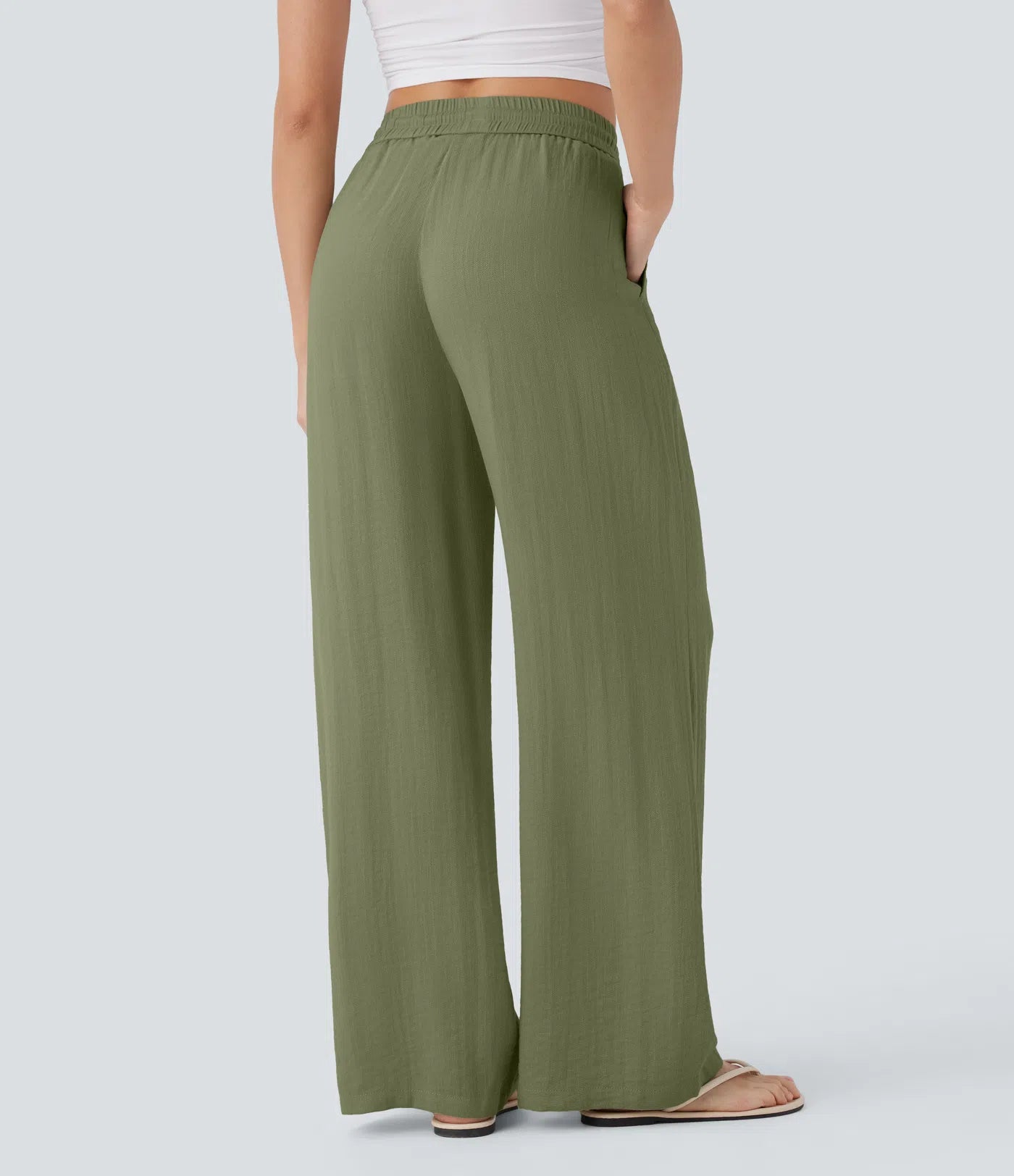 High Waisted Wide Leg Linen-Feel Drawstring Pants with Pockets