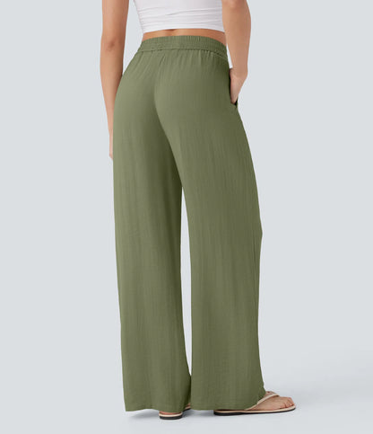 High Waisted Wide Leg Linen-Feel Drawstring Pants with Pockets