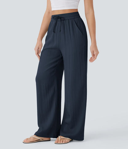 High Waisted Wide Leg Linen-Feel Drawstring Pants with Pockets