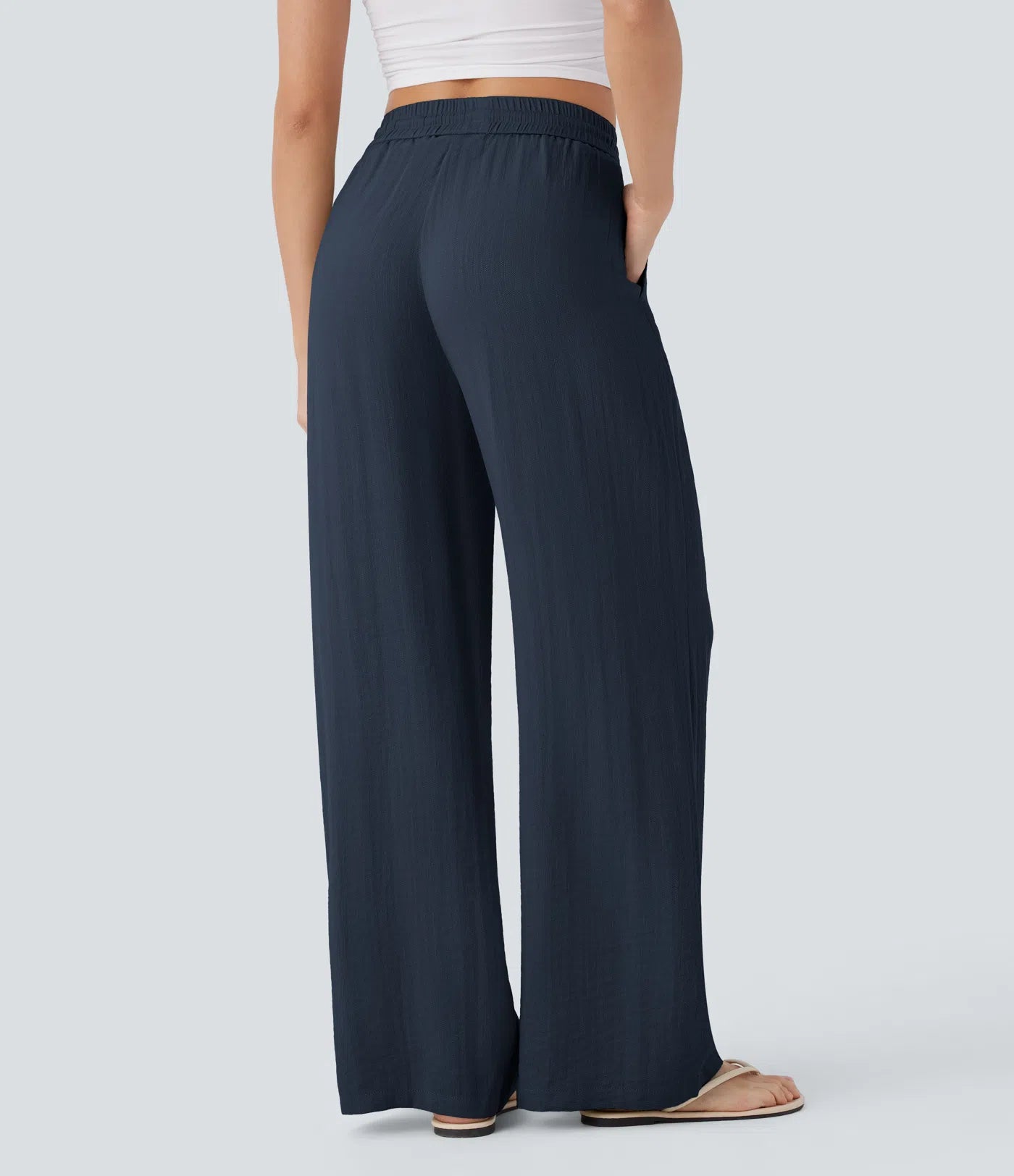 High Waisted Wide Leg Linen-Feel Drawstring Pants with Pockets