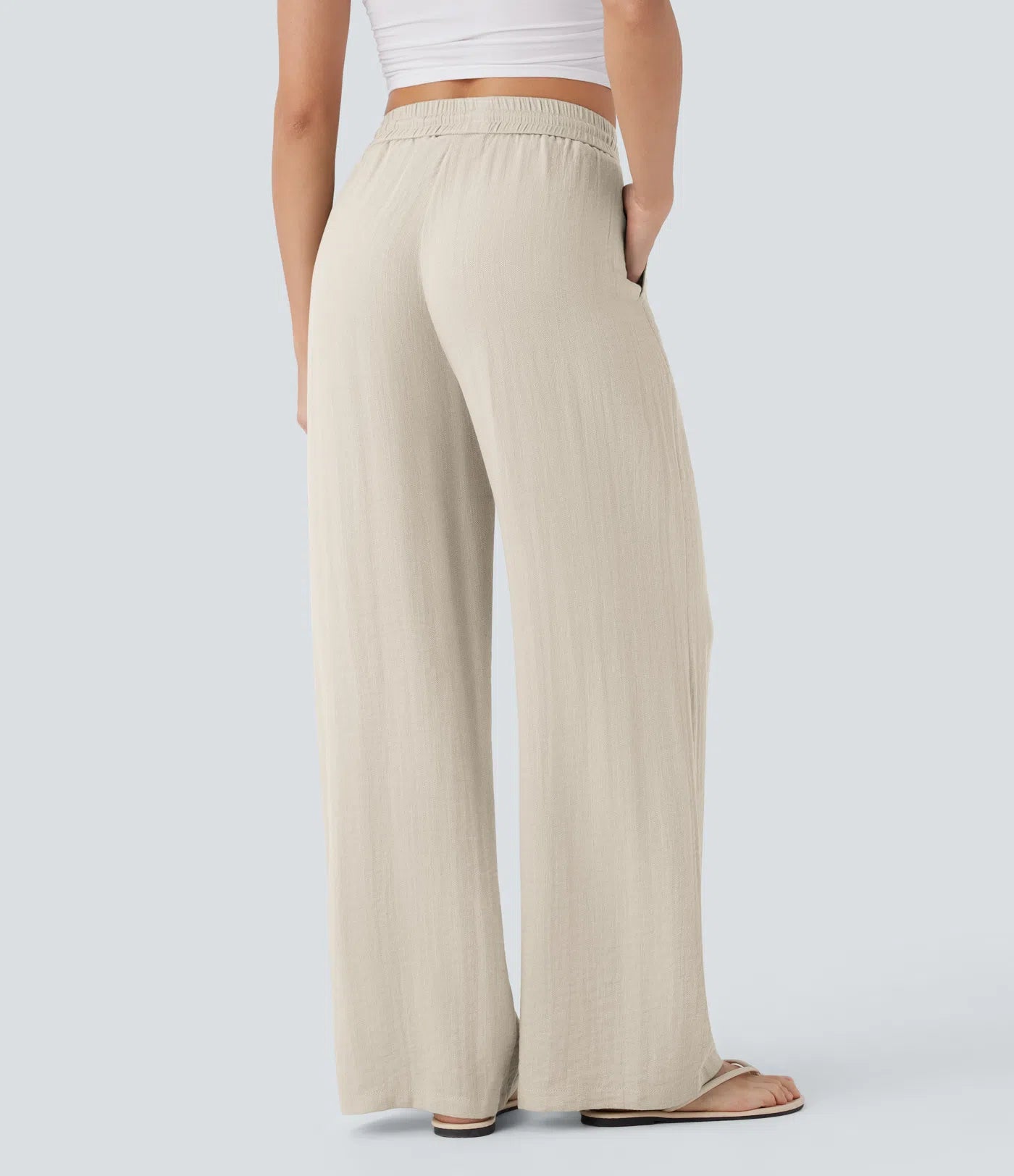 High Waisted Wide Leg Linen-Feel Drawstring Pants with Pockets