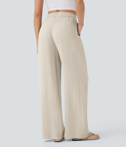High Waisted Wide Leg Linen-Feel Drawstring Pants with Pockets