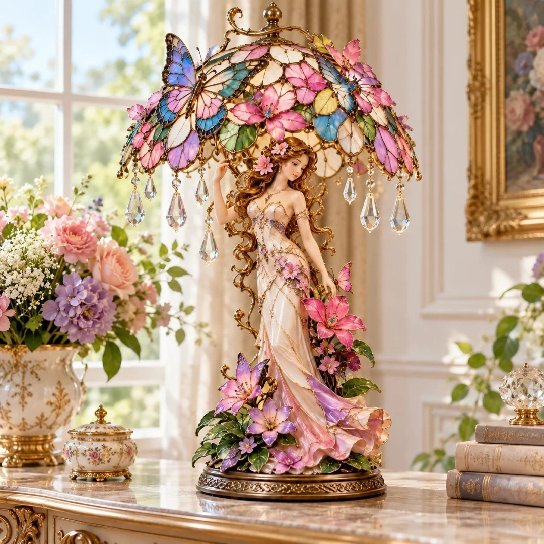 🦋 Butterfly Lady Accent Lamp – Elegant Floral Goddess Light with Crystal Drops
