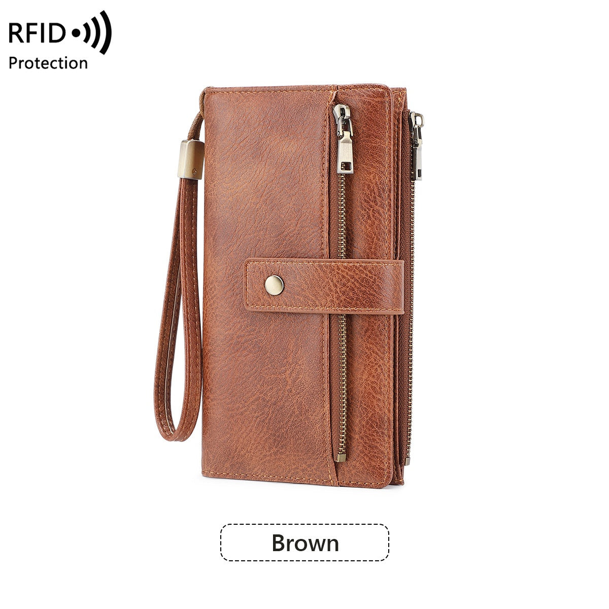 Women’s RFID Blocking Long Trifold Leather Wallet with Wristlet