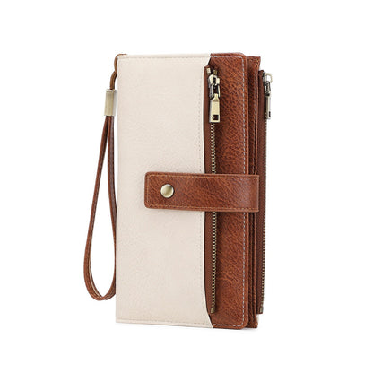 Women’s RFID Blocking Long Trifold Leather Wallet with Wristlet