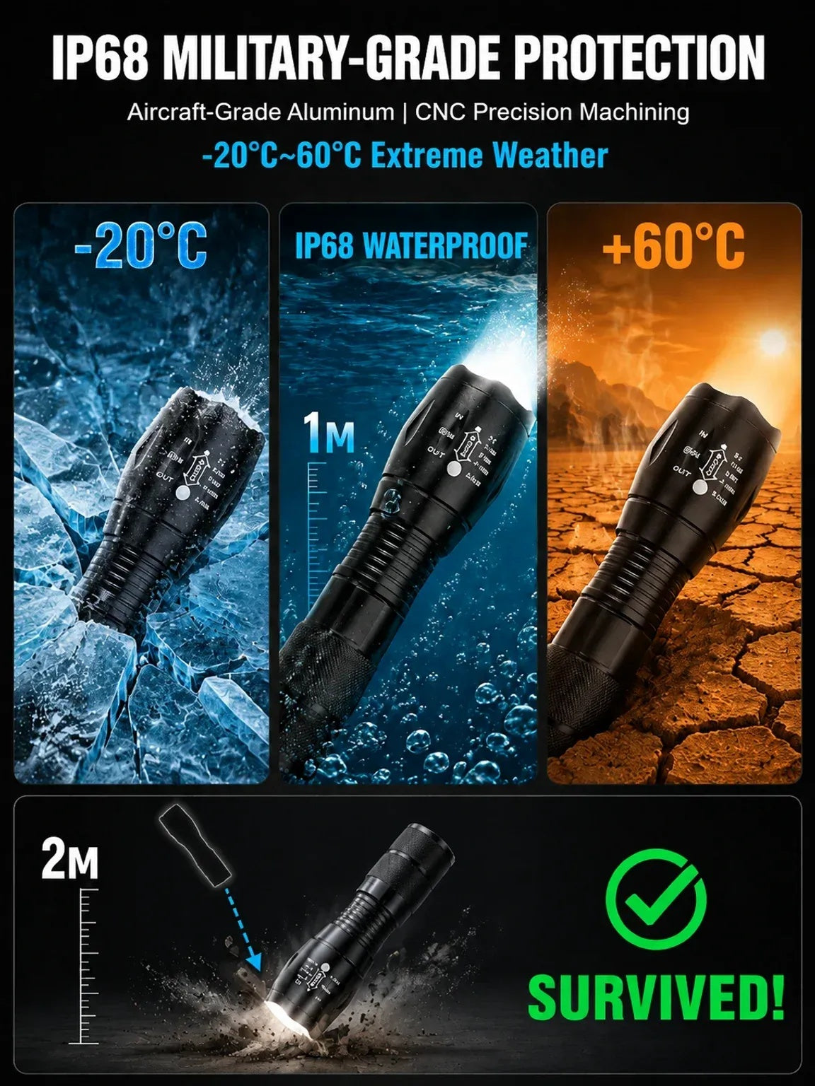 High Power Zoomable White Laser Flashlight – IP68 Military-Grade