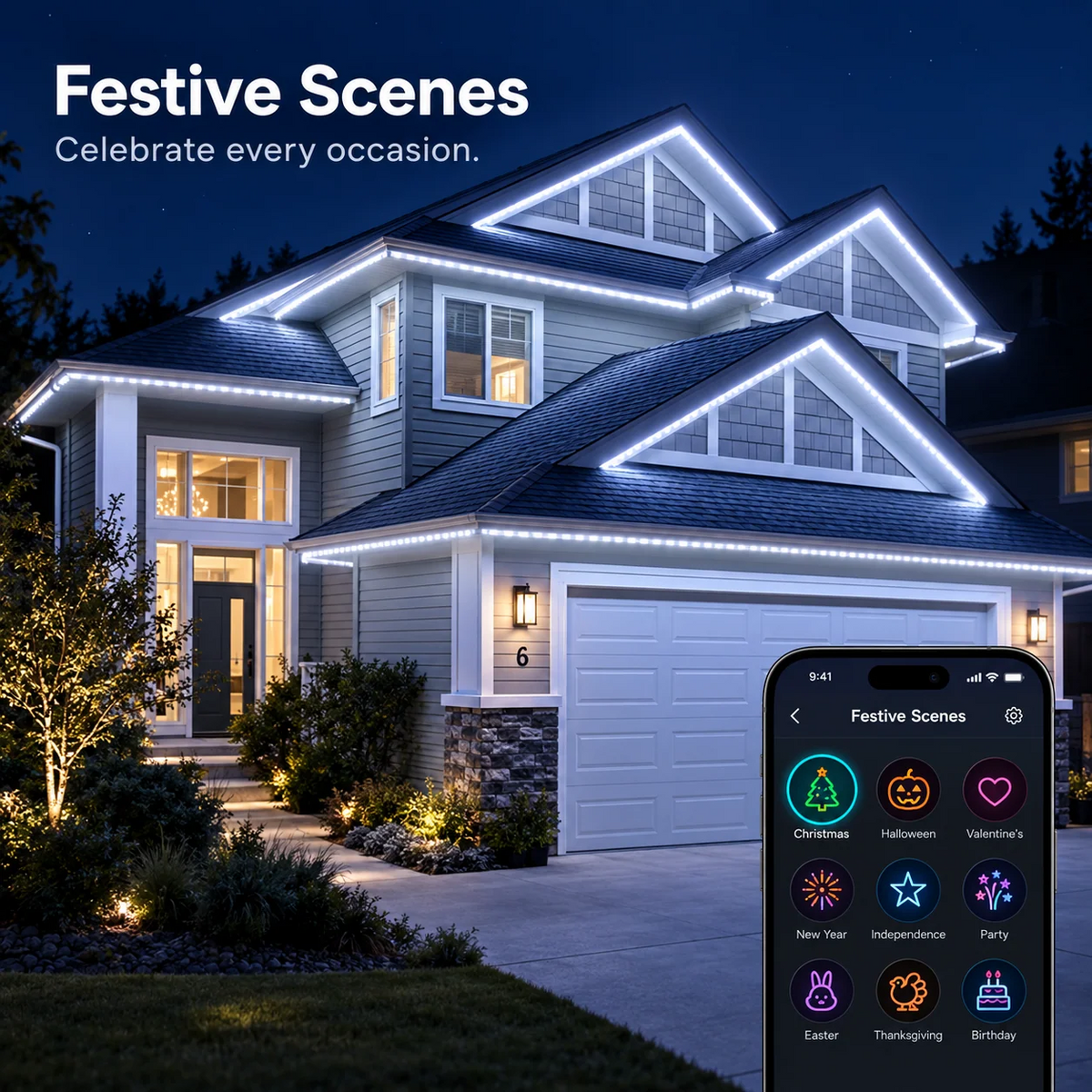 Smart Permanent Outdoor LED Lights with App Control & RGB Colors