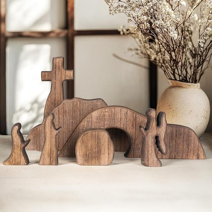 Wooden Empty Tomb Easter Scene - Jesus Resurrection Cross Decor for Home