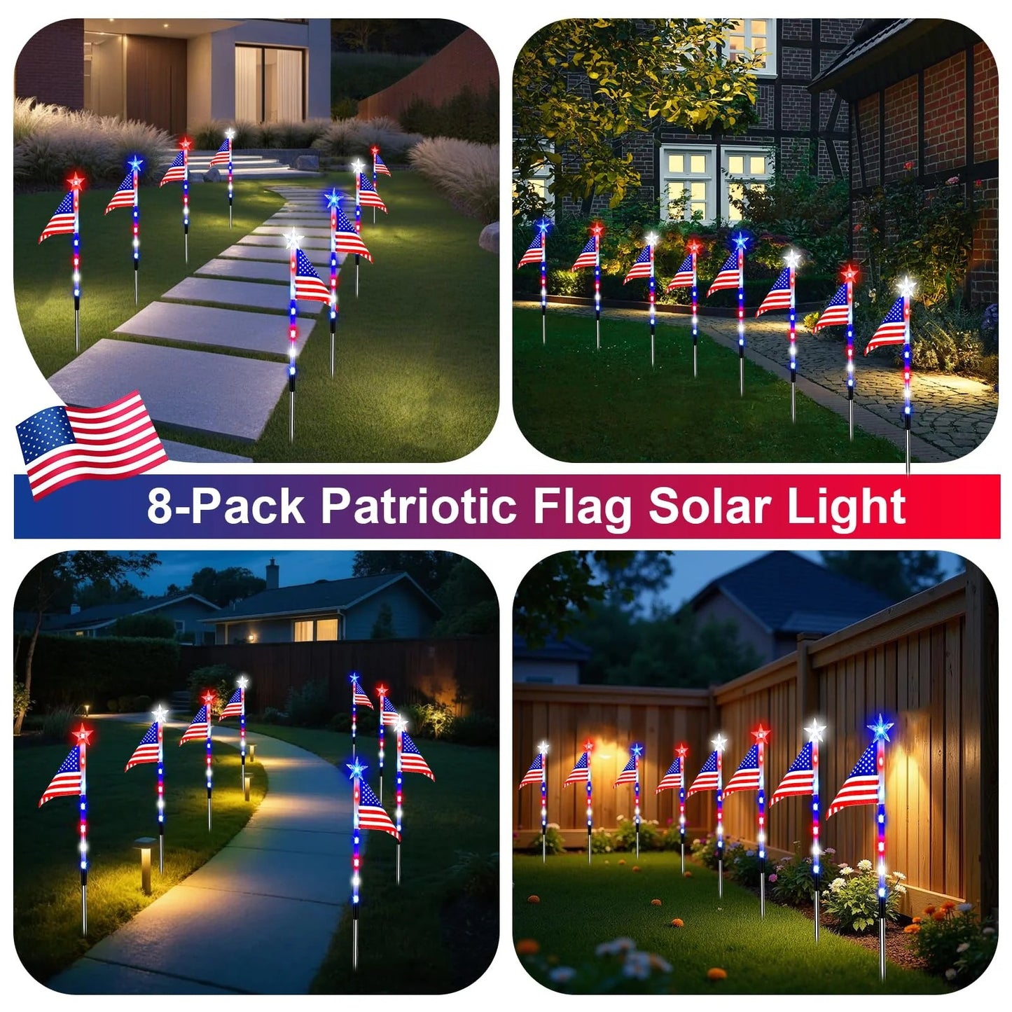 8-Piece Solar Flag Light Set – 8 Lighting Modes Patriotic Garden & Pathway Decor