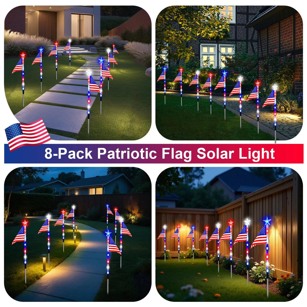 8-Piece Solar Flag Light Set – 8 Lighting Modes Patriotic Garden & Pathway Decor