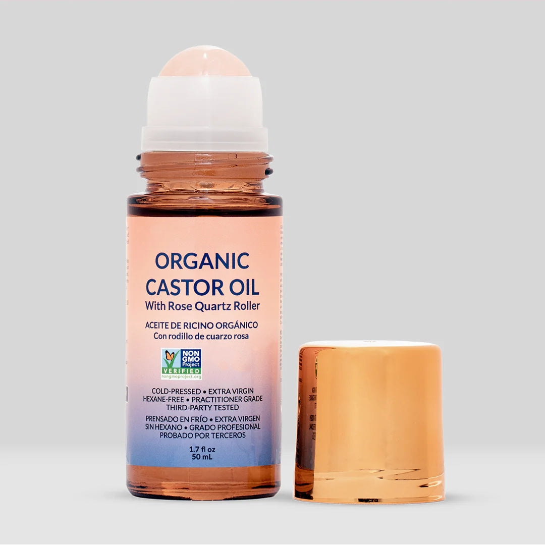 Organic Castor Oil Roll-On with Rose Quartz for Skin, Brows & Lashes