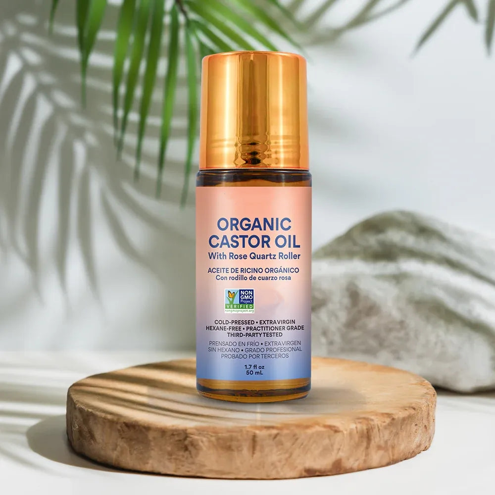 Organic Castor Oil Roll-On with Rose Quartz for Skin, Brows & Lashes