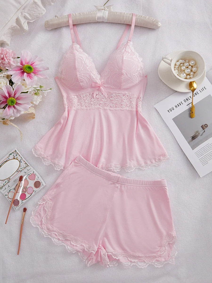 Lace Trim Cami & Shorts Pajama Set for Women