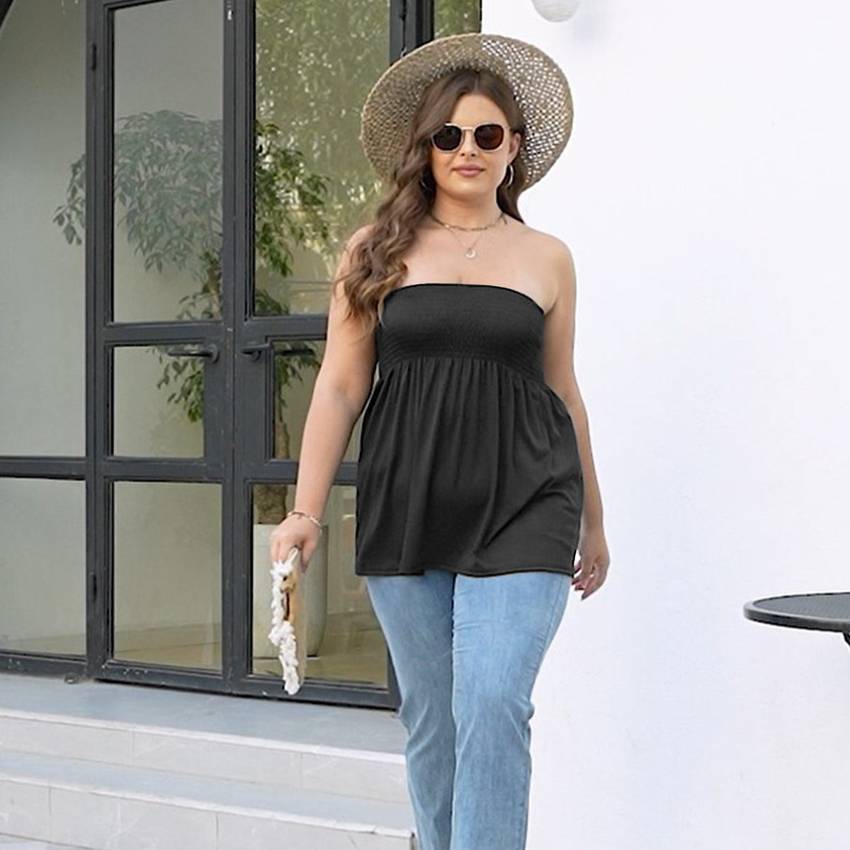 Plus Size Strapless Pleated Tube Top – Flowy Stretch Summer Blouse