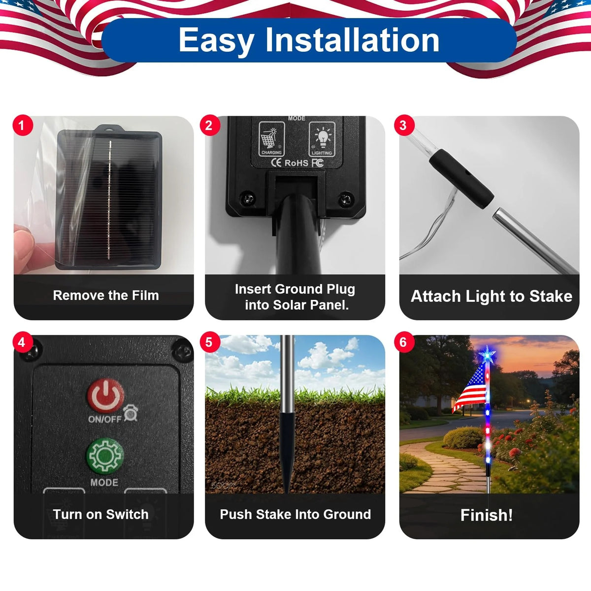 8-Piece Solar Flag Light Set – 8 Lighting Modes Patriotic Garden & Pathway Decor