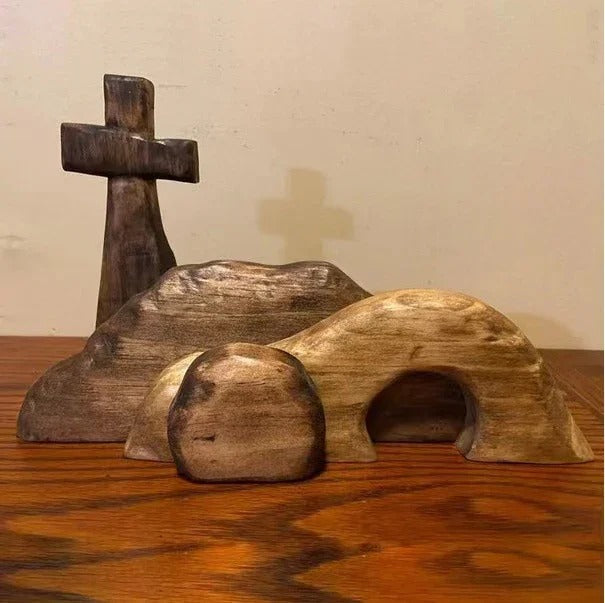 Wooden Empty Tomb Easter Scene - Jesus Resurrection Cross Decor for Home
