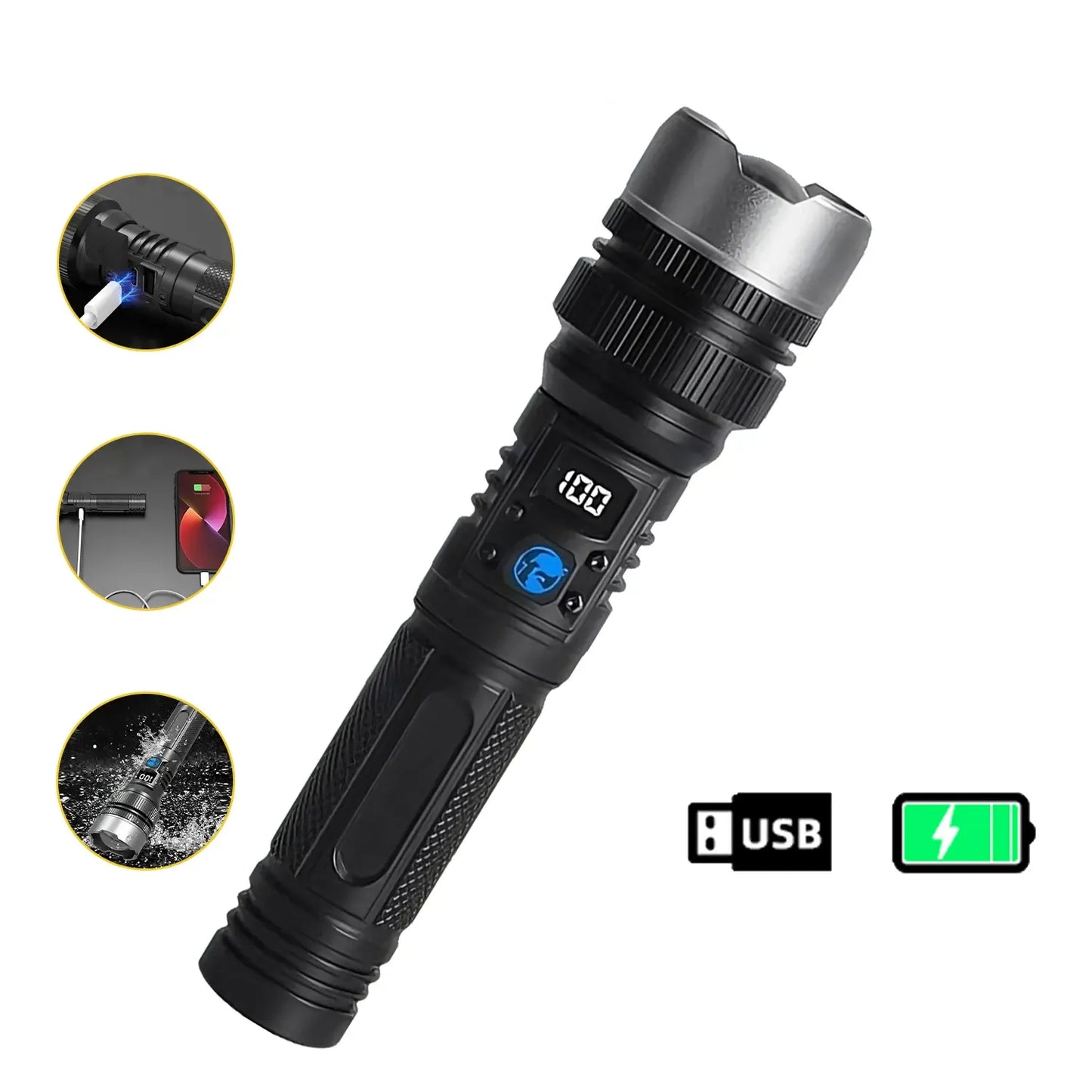 2-in-1 Rechargeable Flashlight Power Bank – Waterproof Zoomable LED Light