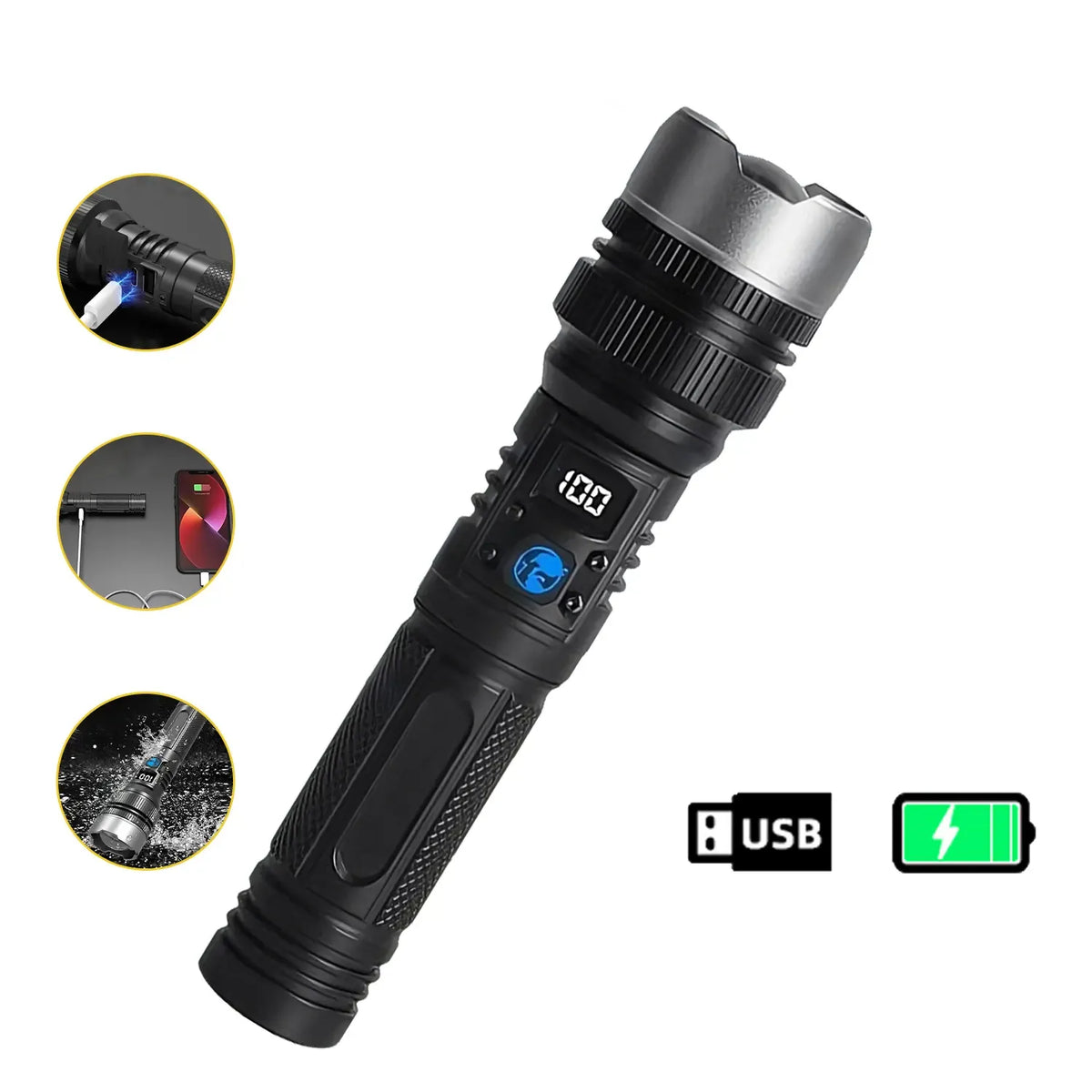 2-in-1 Rechargeable Flashlight Power Bank – Waterproof Zoomable LED Light