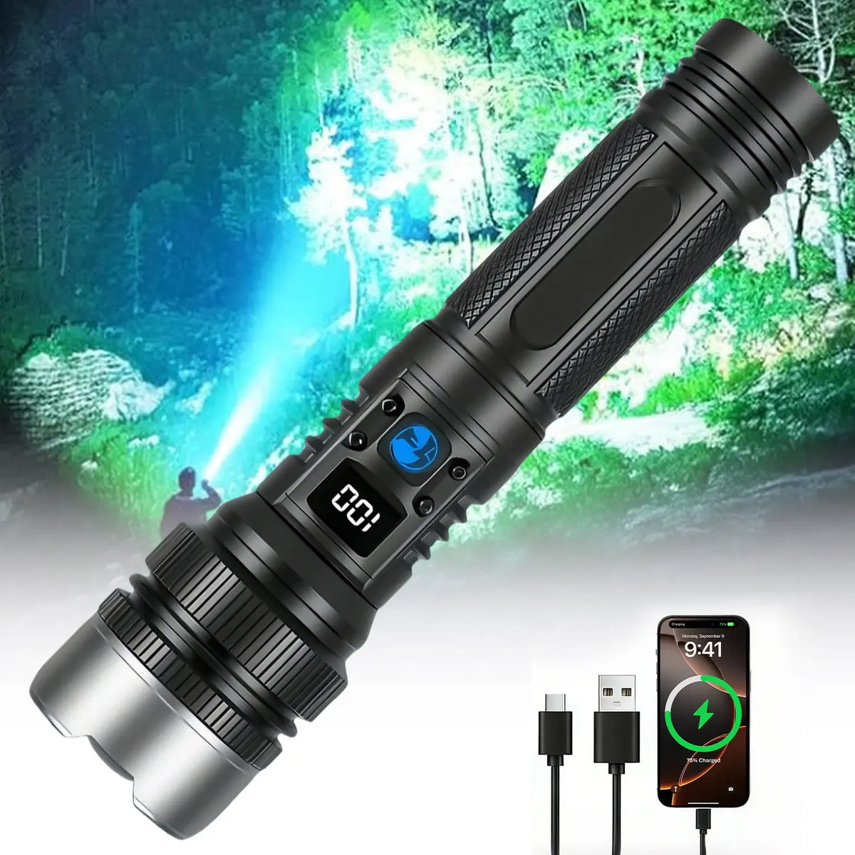 2-in-1 Rechargeable Flashlight Power Bank – Waterproof Zoomable LED Light