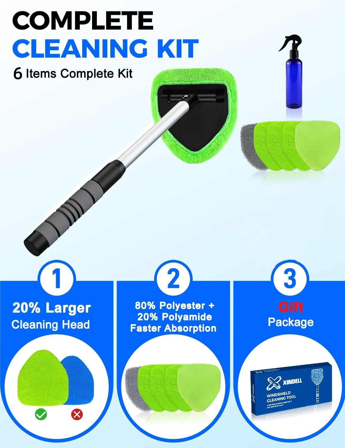 Extendable Windshield Cleaner Tool with 5 Microfiber Pads