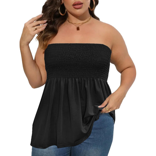 Plus Size Strapless Pleated Tube Top – Flowy Stretch Summer Blouse