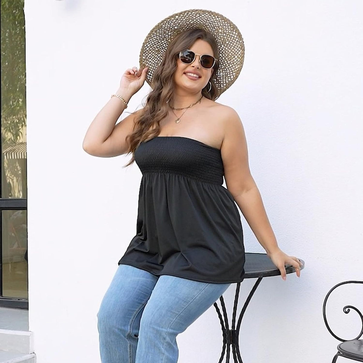 Plus Size Strapless Pleated Tube Top – Flowy Stretch Summer Blouse
