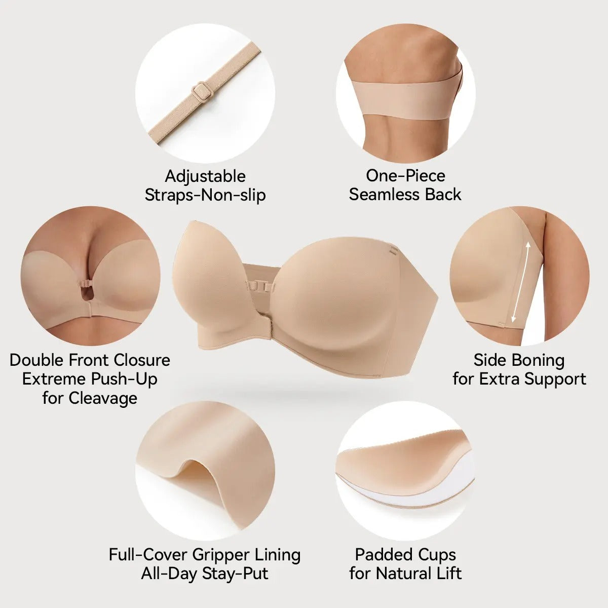Strapless Front-Closure Push-Up Bra – Anti-Slip Grip, Seamless, A-C Cup