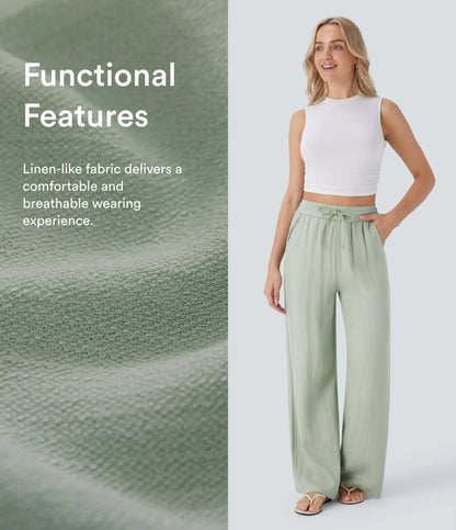 High Waisted Wide Leg Linen-Feel Drawstring Pants with Pockets