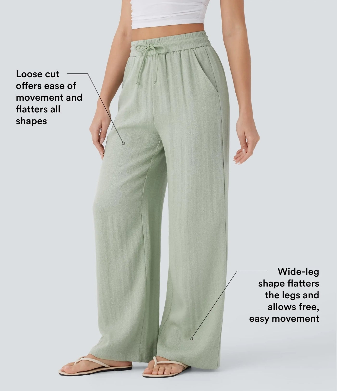 High Waisted Wide Leg Linen-Feel Drawstring Pants with Pockets