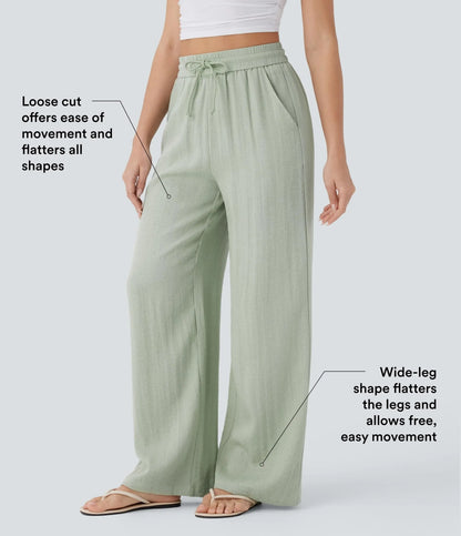 High Waisted Wide Leg Linen-Feel Drawstring Pants with Pockets
