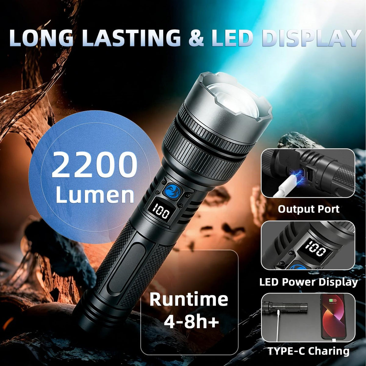 2-in-1 Rechargeable Flashlight Power Bank – Waterproof Zoomable LED Light