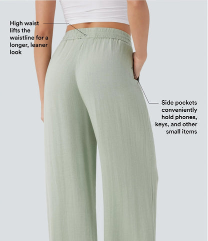 High Waisted Wide Leg Linen-Feel Drawstring Pants with Pockets
