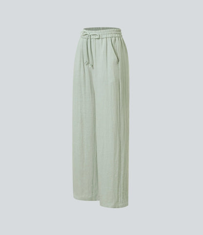 High Waisted Wide Leg Linen-Feel Drawstring Pants with Pockets