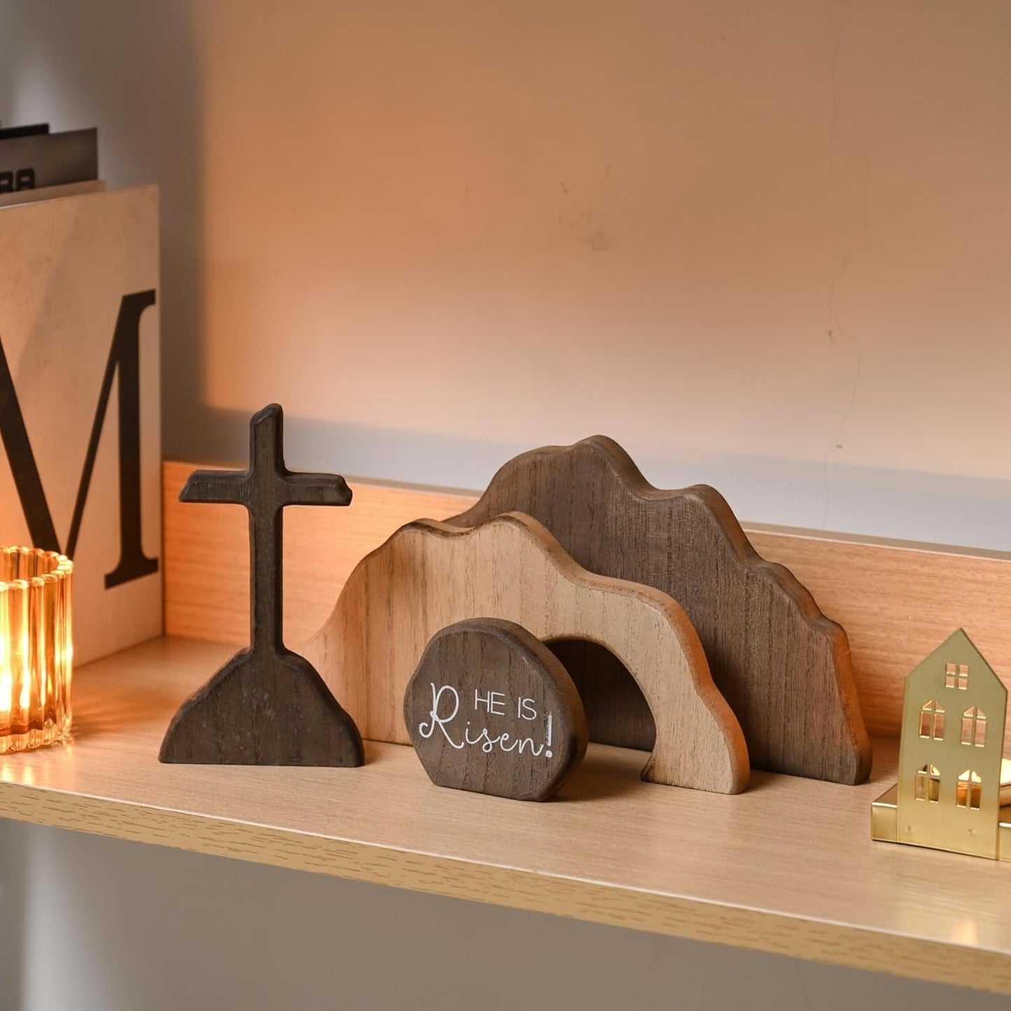 Wooden Empty Tomb Easter Scene - Jesus Resurrection Cross Decor for Home