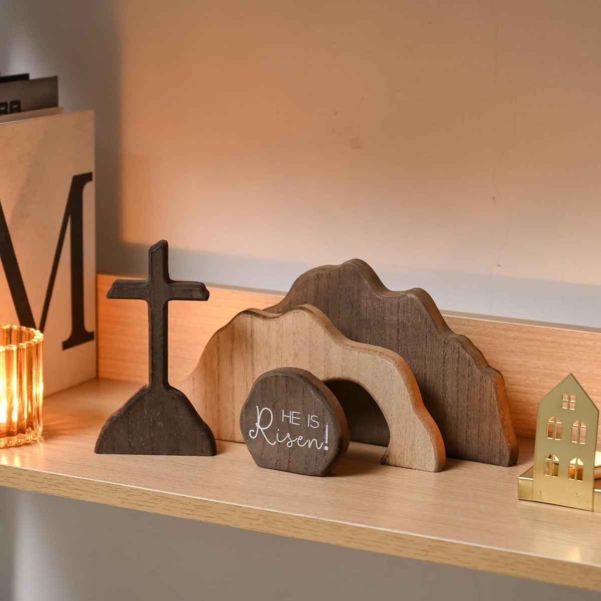 Wooden Empty Tomb Easter Scene - Jesus Resurrection Cross Decor for Home