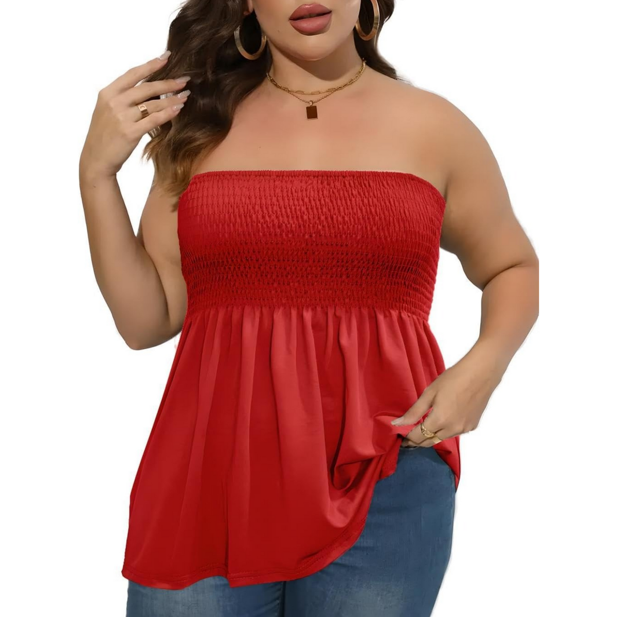 Plus Size Strapless Pleated Tube Top – Flowy Stretch Summer Blouse