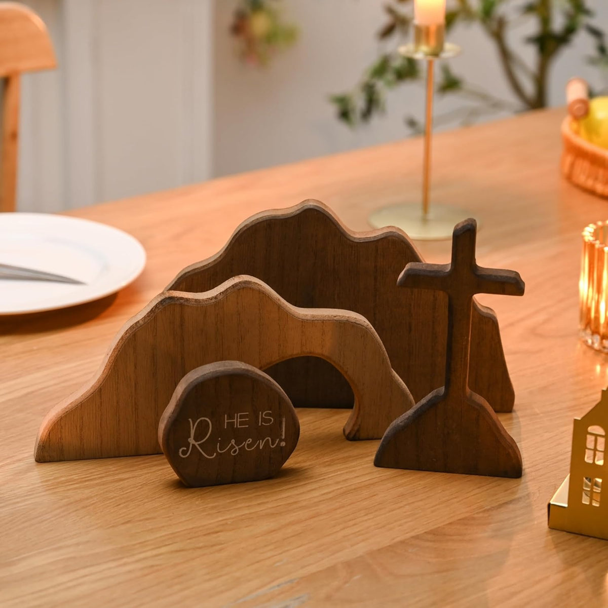 Wooden Empty Tomb Easter Scene - Jesus Resurrection Cross Decor for Home