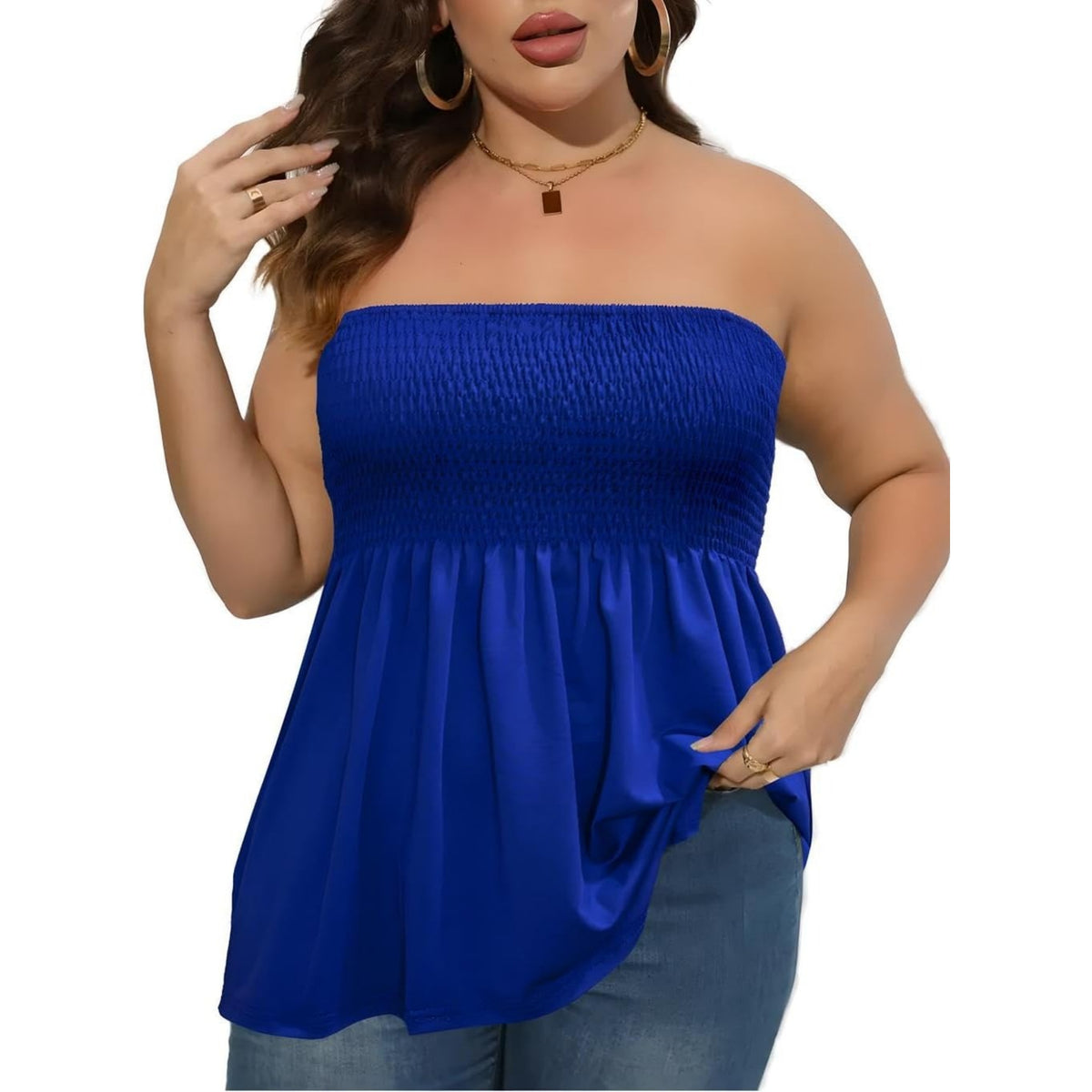Plus Size Strapless Pleated Tube Top – Flowy Stretch Summer Blouse